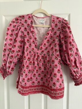 SAYLOR Pink Red Floral V-Neck Puff Sleeve Blouse